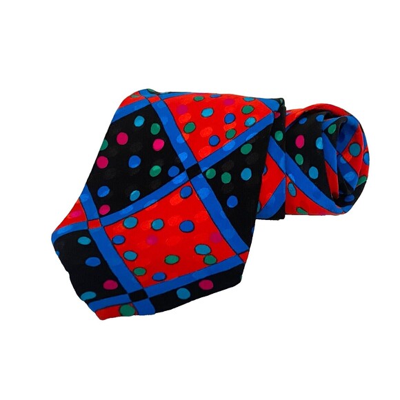 VTG FRED HAYMAN Beverly Hills 100% SILK TIE Red Polka Dot Geometric Colorful Blu - Picture 2 of 6